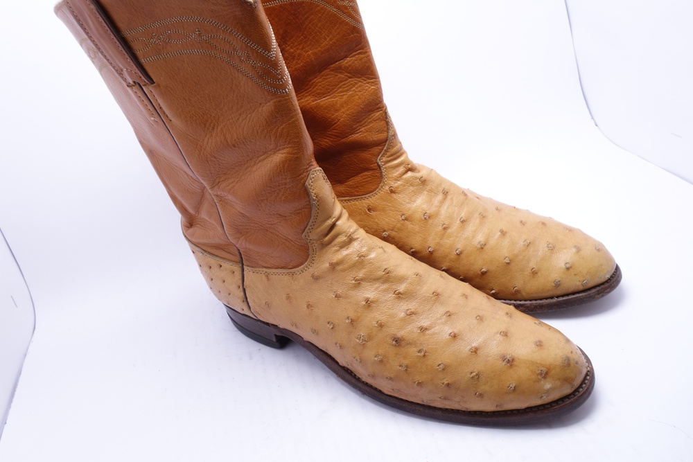 Justin Ostrich Boots Mens Size 9D Brown Leather Western Cowboy Pull On Made USA